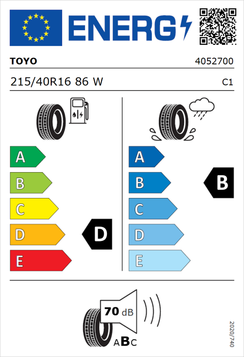 Tyre Label for Toyo Proxes TR1 215/40R16 86W